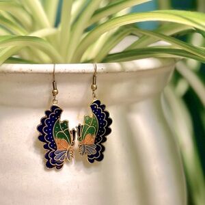Vintage 1980's Cloisonné Enamel Dangle Side Facing Butterfly Earrings Blue Gold